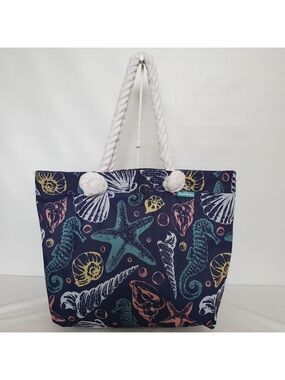 BEACH BASICS BEACH TOTE BAG SEASHELLS ROPE-HANDLES NAVY